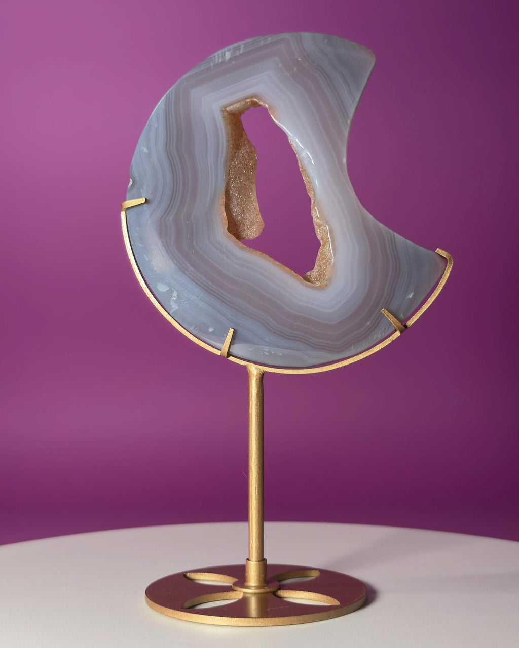 Agate Moon with Natural Drusy Portal on Gold Metal Stand