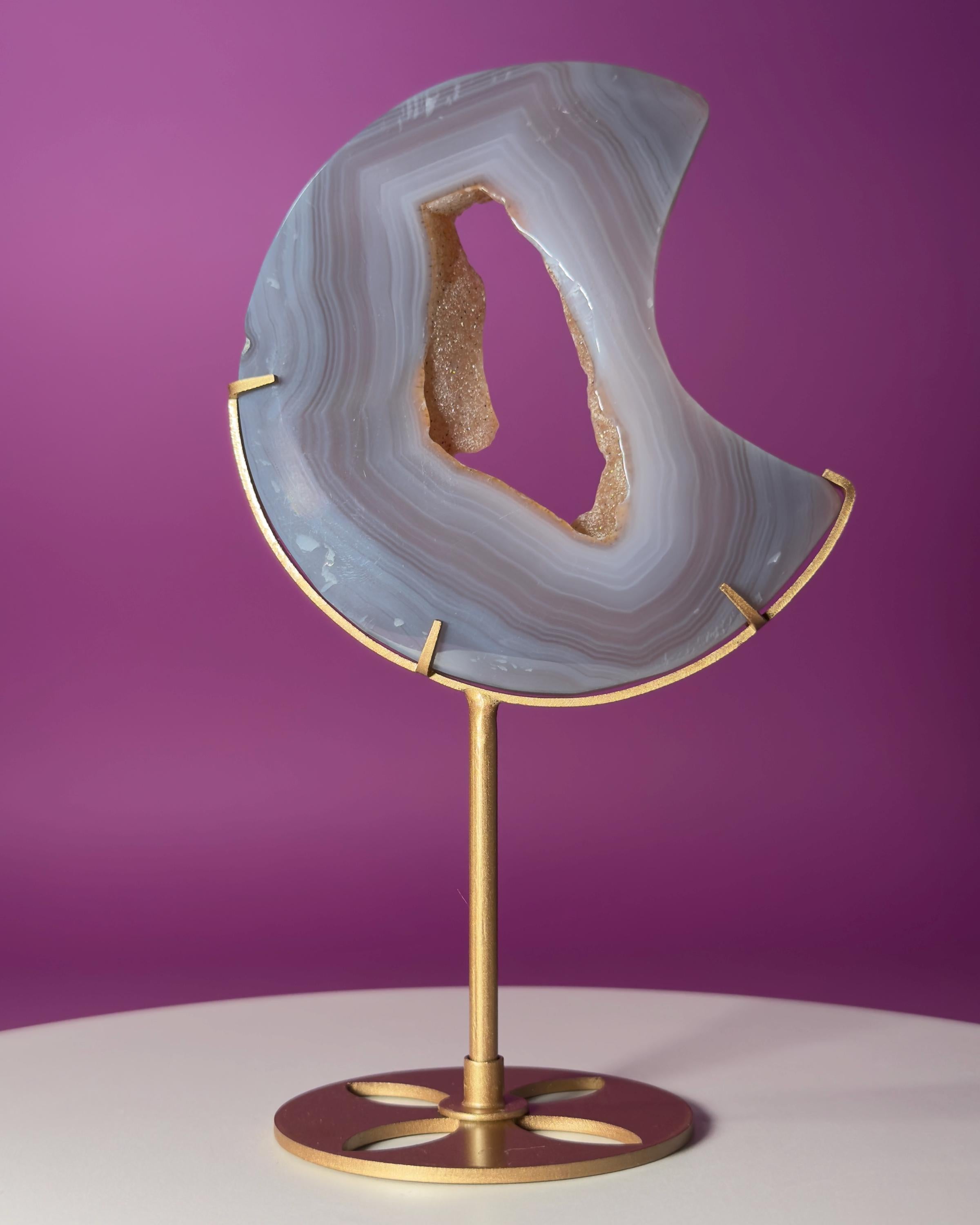 Agate Moon with Natural Drusy Portal on Gold Metal Stand
