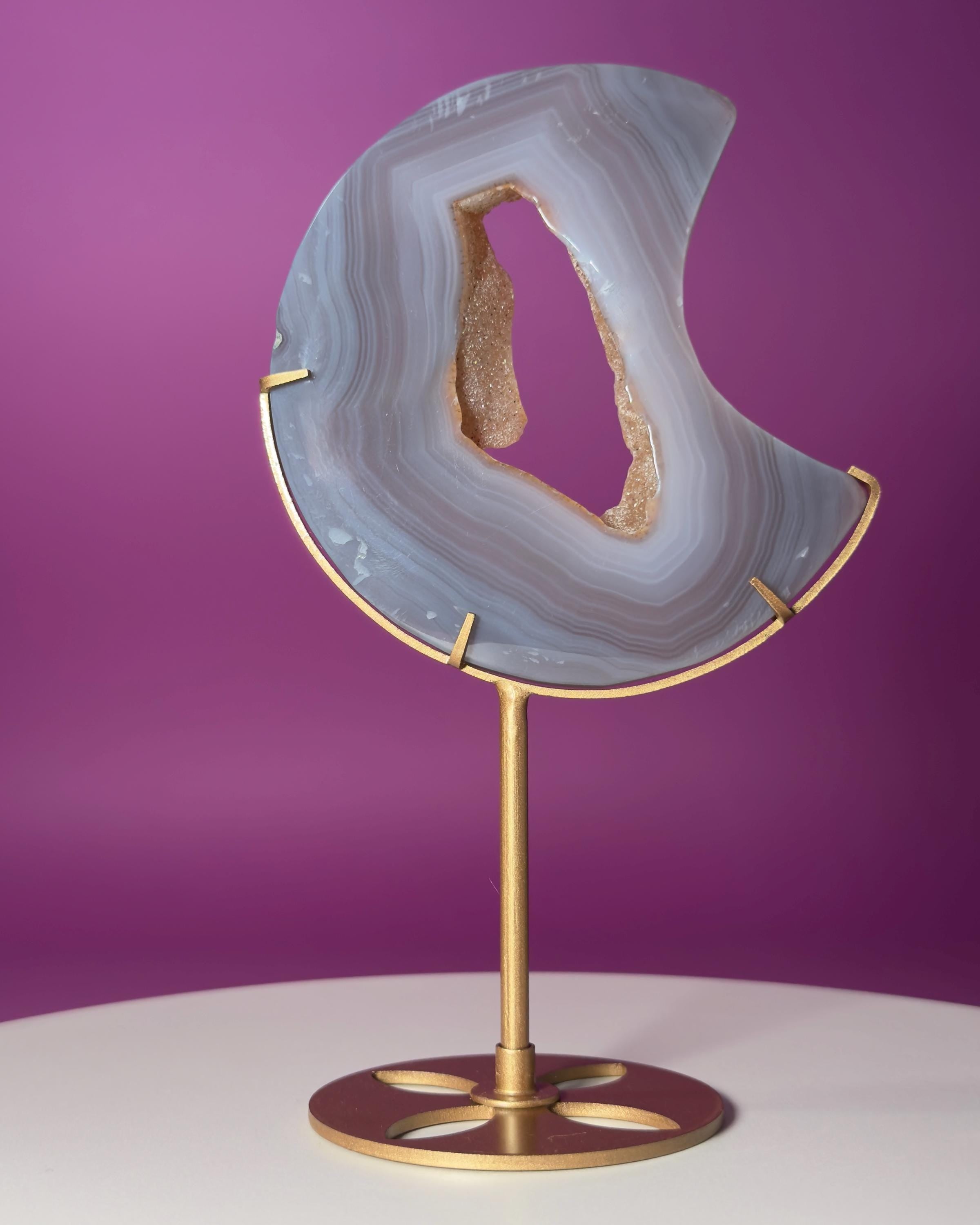 Agate Moon with Natural Drusy Portal on Gold Metal Stand