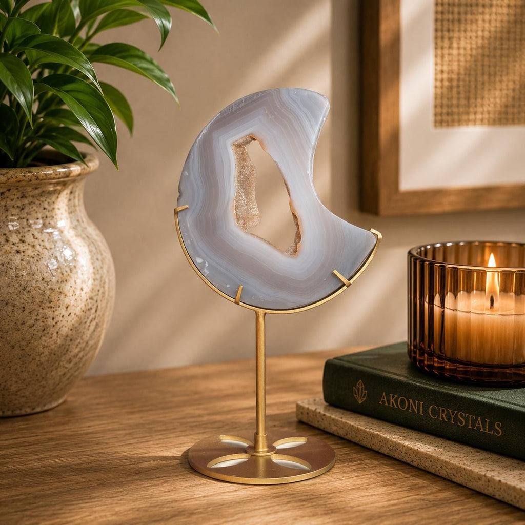 Agate Moon with Natural Drusy Portal on Gold Metal Stand