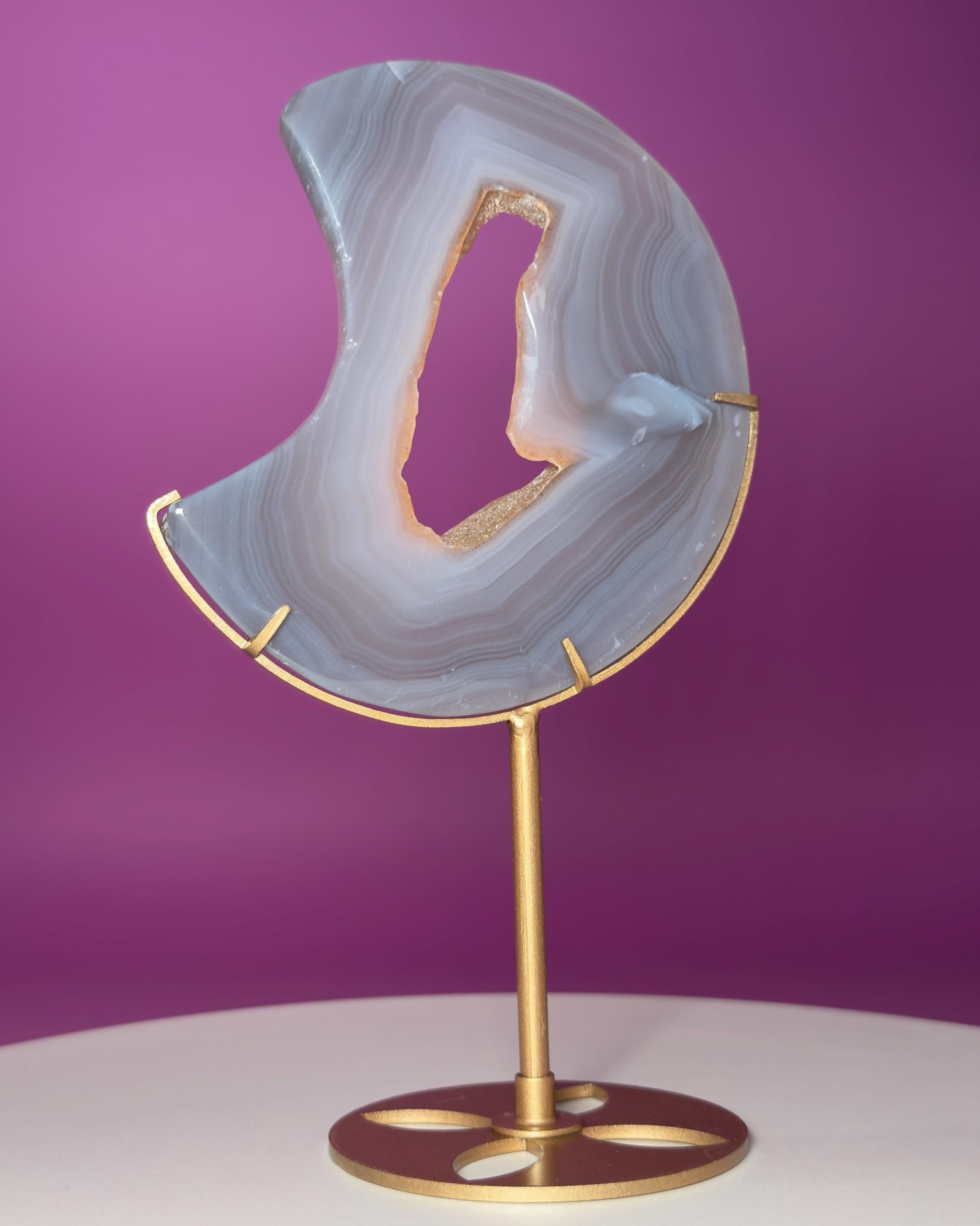 Agate Moon with Natural Drusy Portal on Gold Metal Stand
