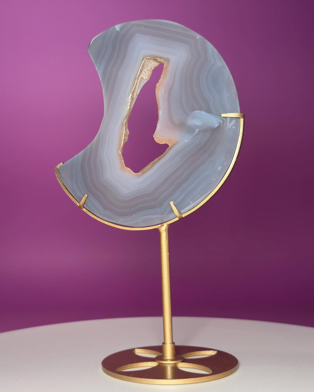 Agate Moon with Natural Drusy Portal on Gold Metal Stand