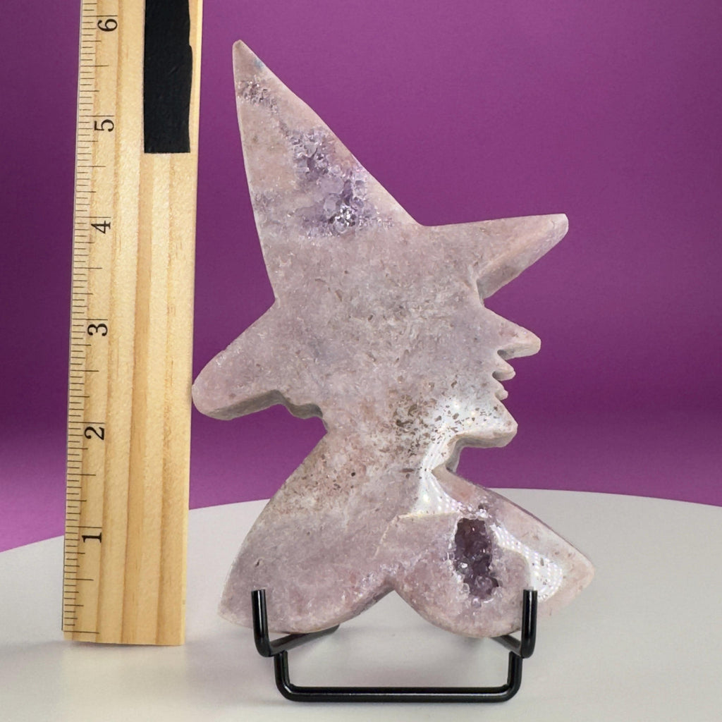 Pink Amethyst Witch Carving with Druzy & Display Stand