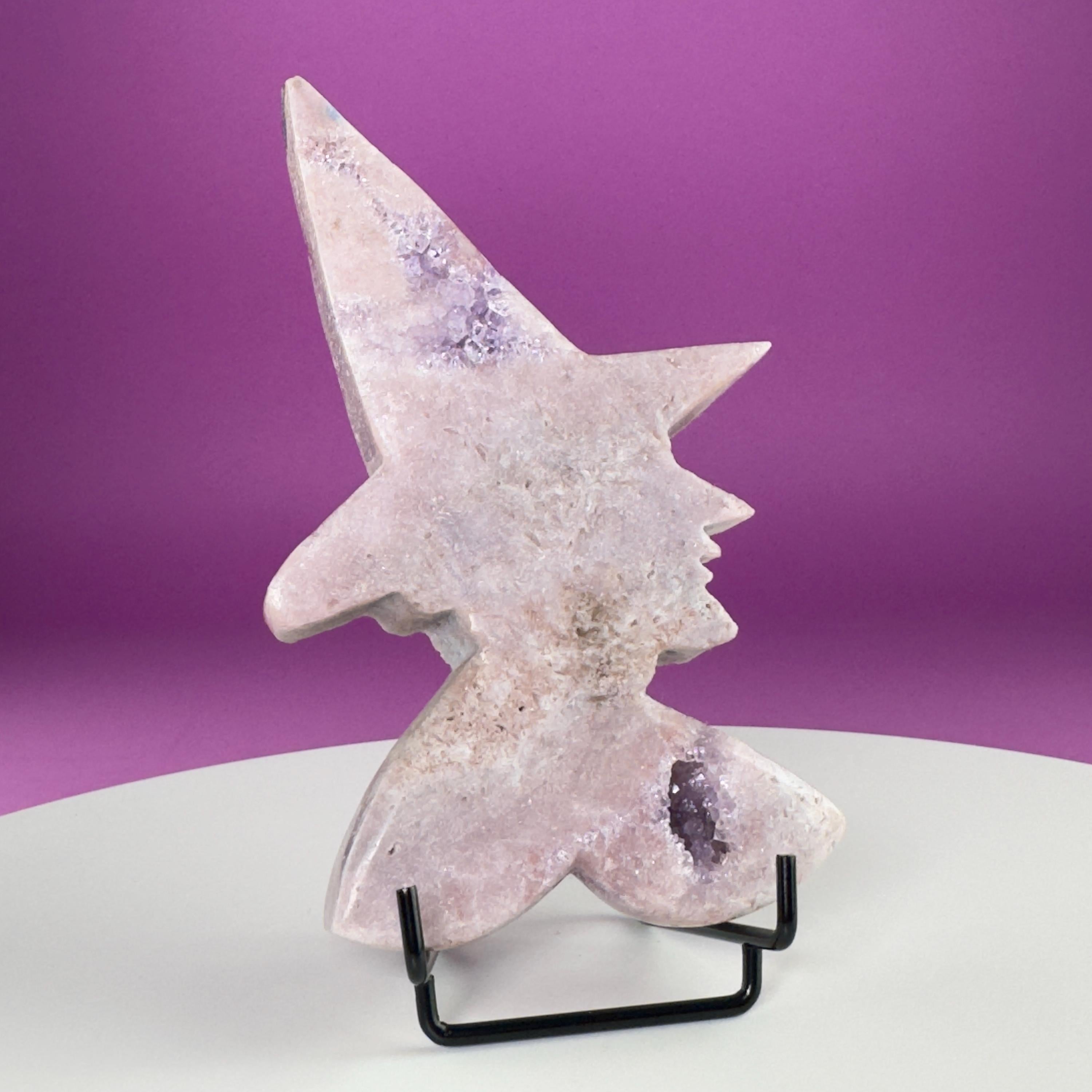 Pink Amethyst Witch Carving with Druzy & Display Stand
