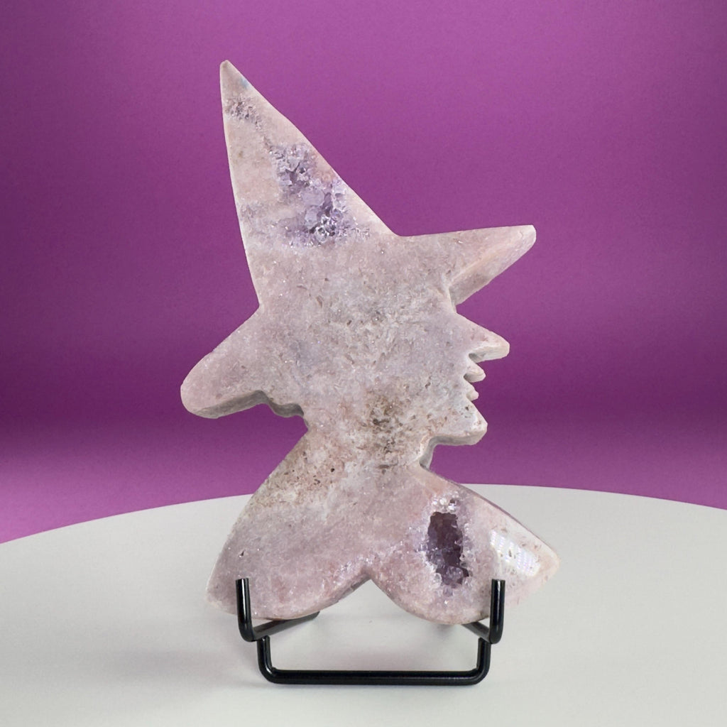 Pink Amethyst Witch Carving with Druzy & Display Stand