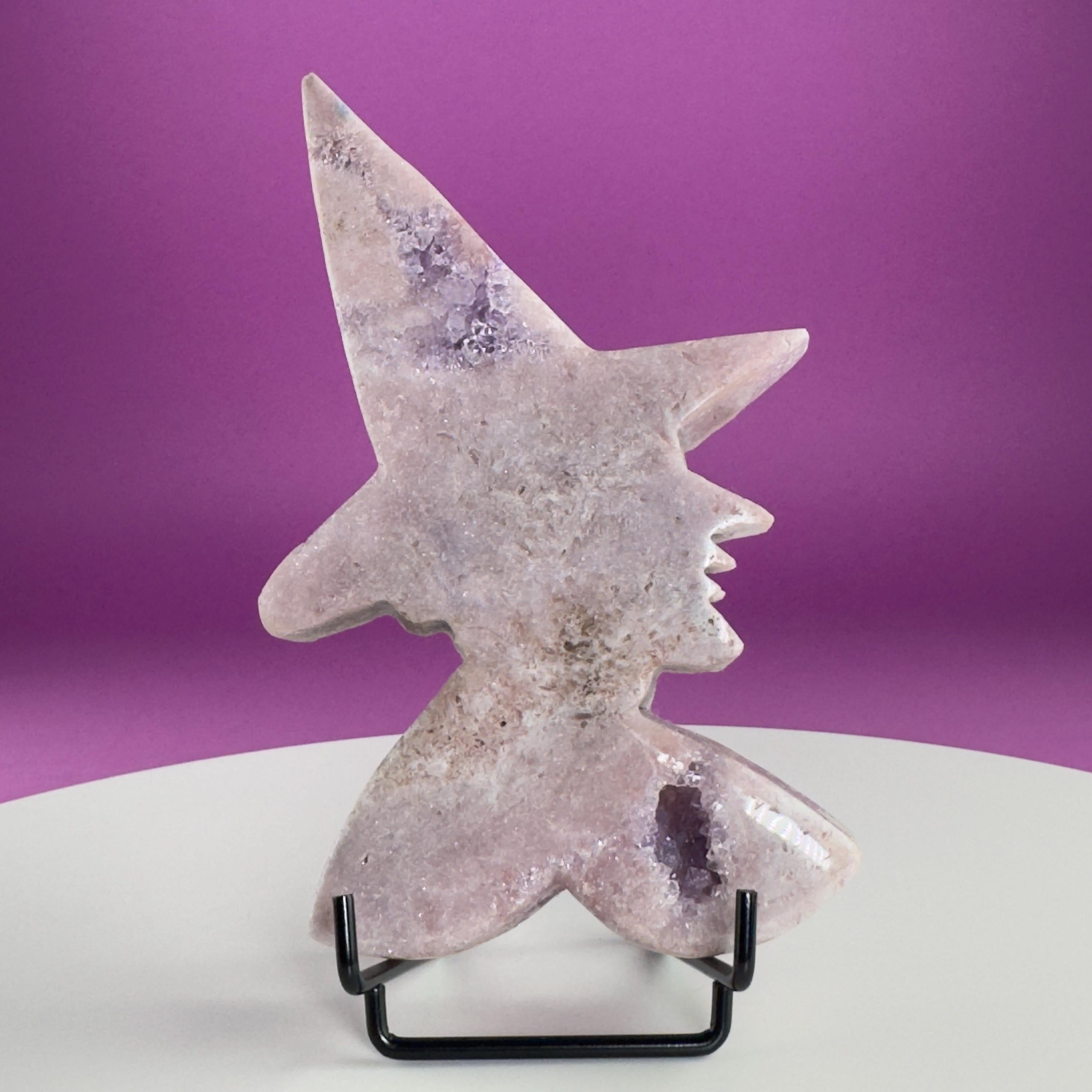 Pink Amethyst Witch Carving with Druzy & Display Stand
