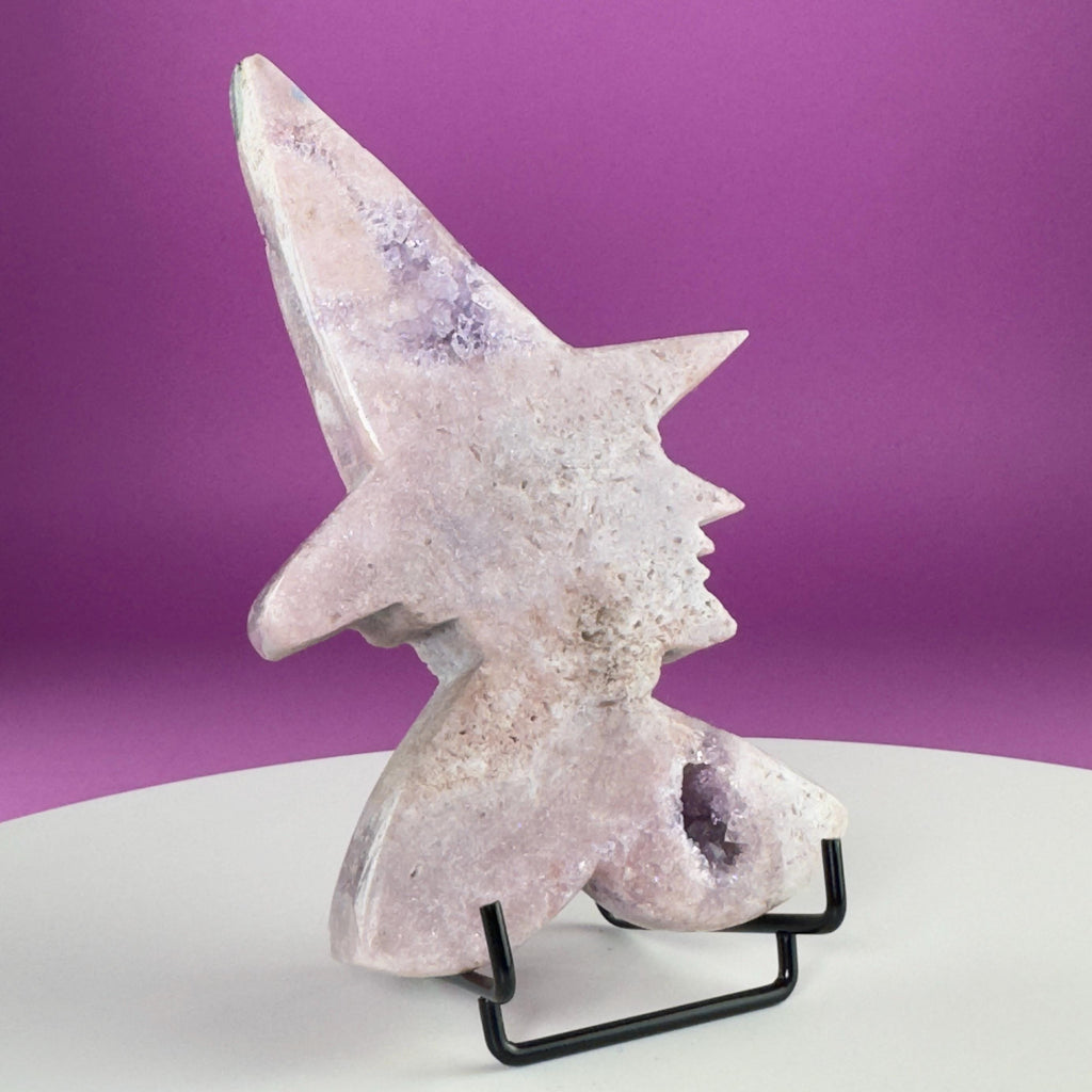 Pink Amethyst Witch Carving with Druzy & Display Stand