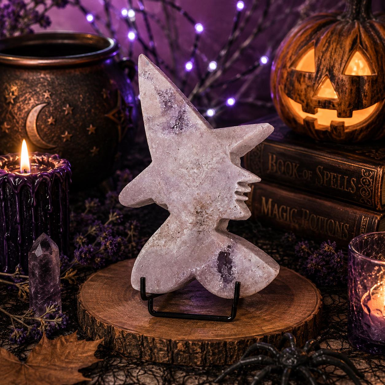 Pink Amethyst Witch Carving with Druzy & Display Stand