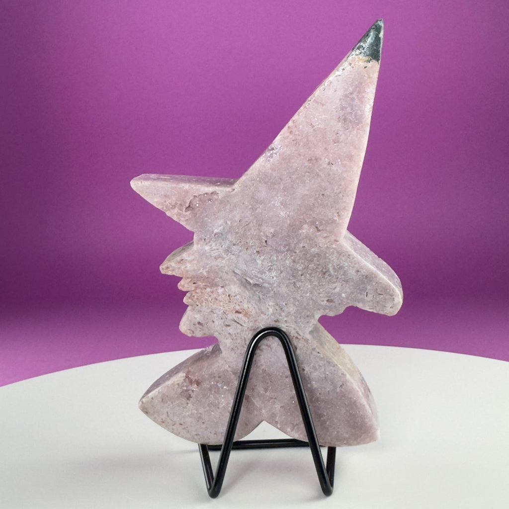 Pink Amethyst Witch Carving with Druzy & Display Stand
