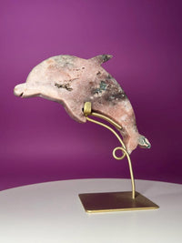 Pink Amethyst Dolphin on Gold Stand with Druzy Crystal from Brazil