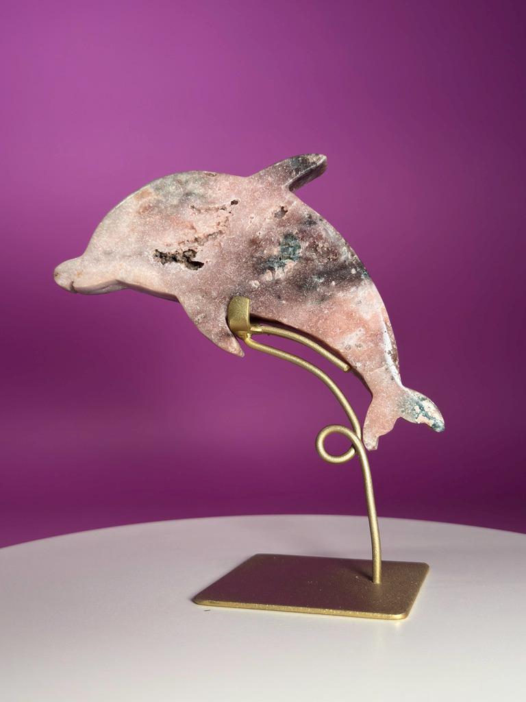 Pink Amethyst Dolphin on Gold Stand with Druzy Crystal from Brazil
