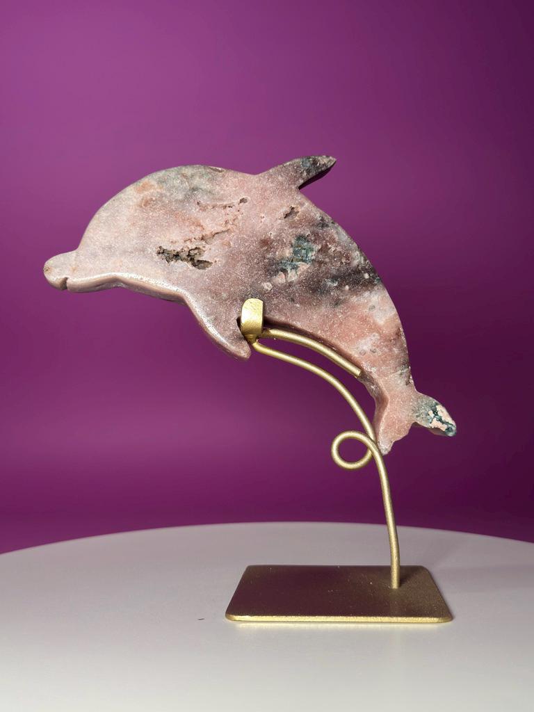 Pink Amethyst Dolphin on Gold Stand with Druzy Crystal from Brazil