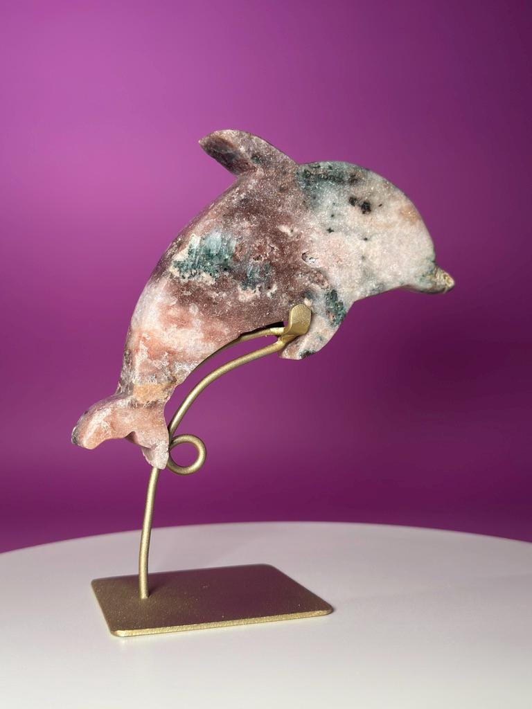 Pink Amethyst Dolphin on Gold Stand with Druzy Crystal from Brazil