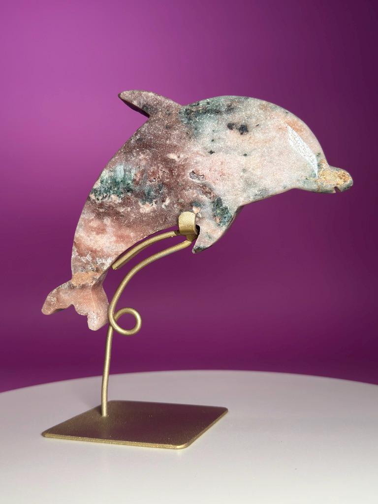 Pink Amethyst Dolphin on Gold Stand with Druzy Crystal from Brazil