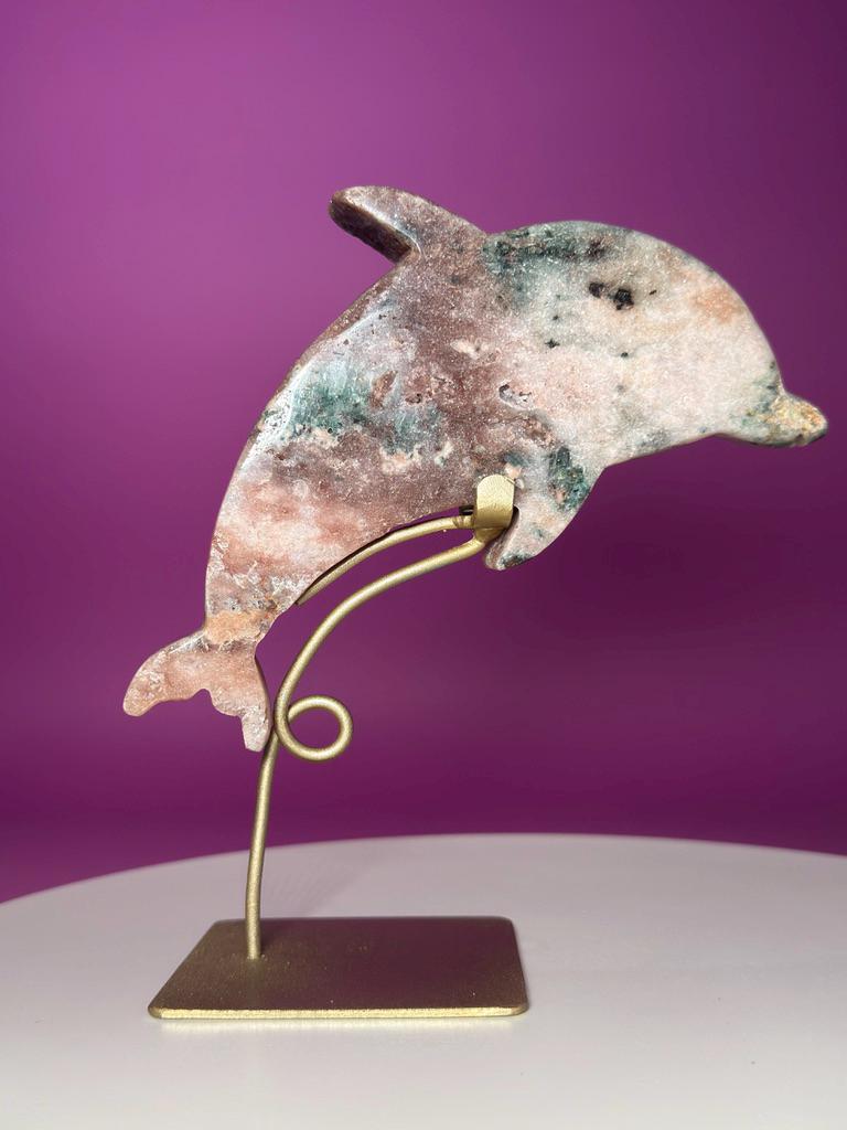 Pink Amethyst Dolphin on Gold Stand with Druzy Crystal from Brazil