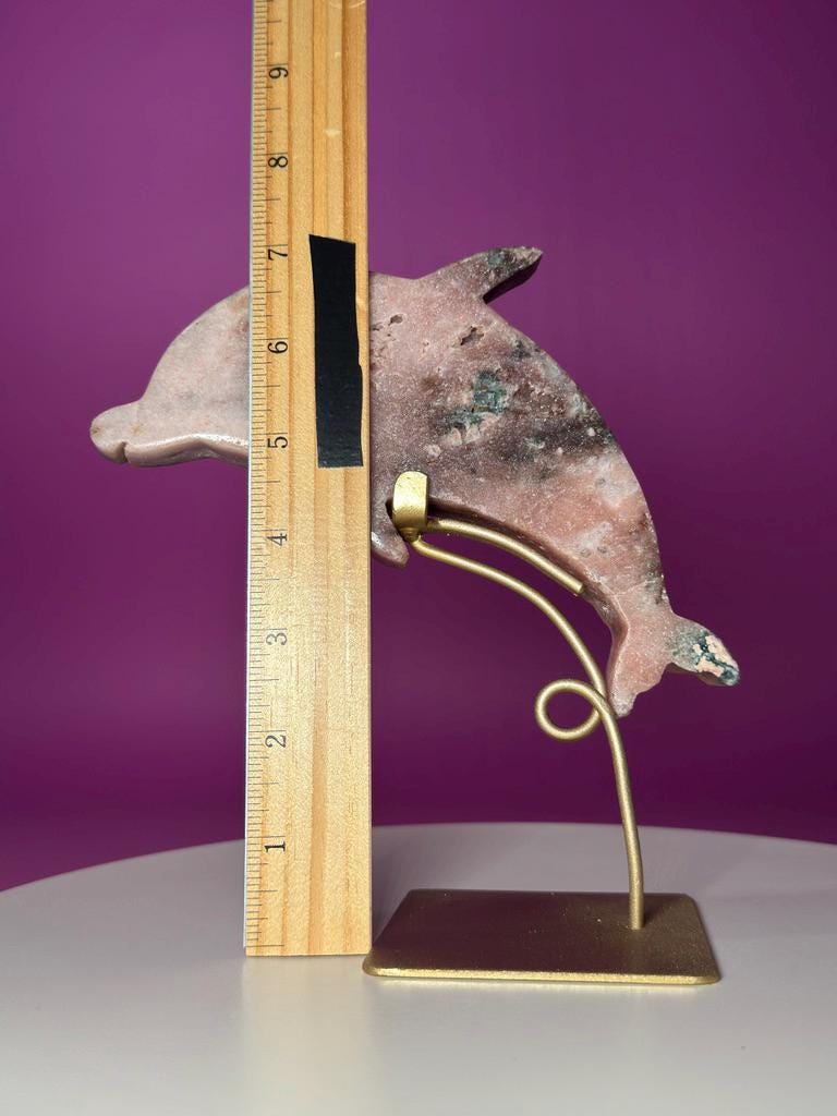 Pink Amethyst Dolphin on Gold Stand with Druzy Crystal from Brazil