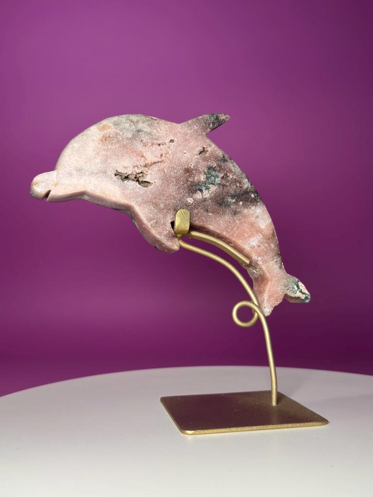 Pink Amethyst Dolphin on Gold Stand with Druzy Crystal from Brazil