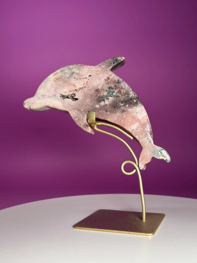 Pink Amethyst Dolphin on Gold Stand with Druzy Crystal from Brazil