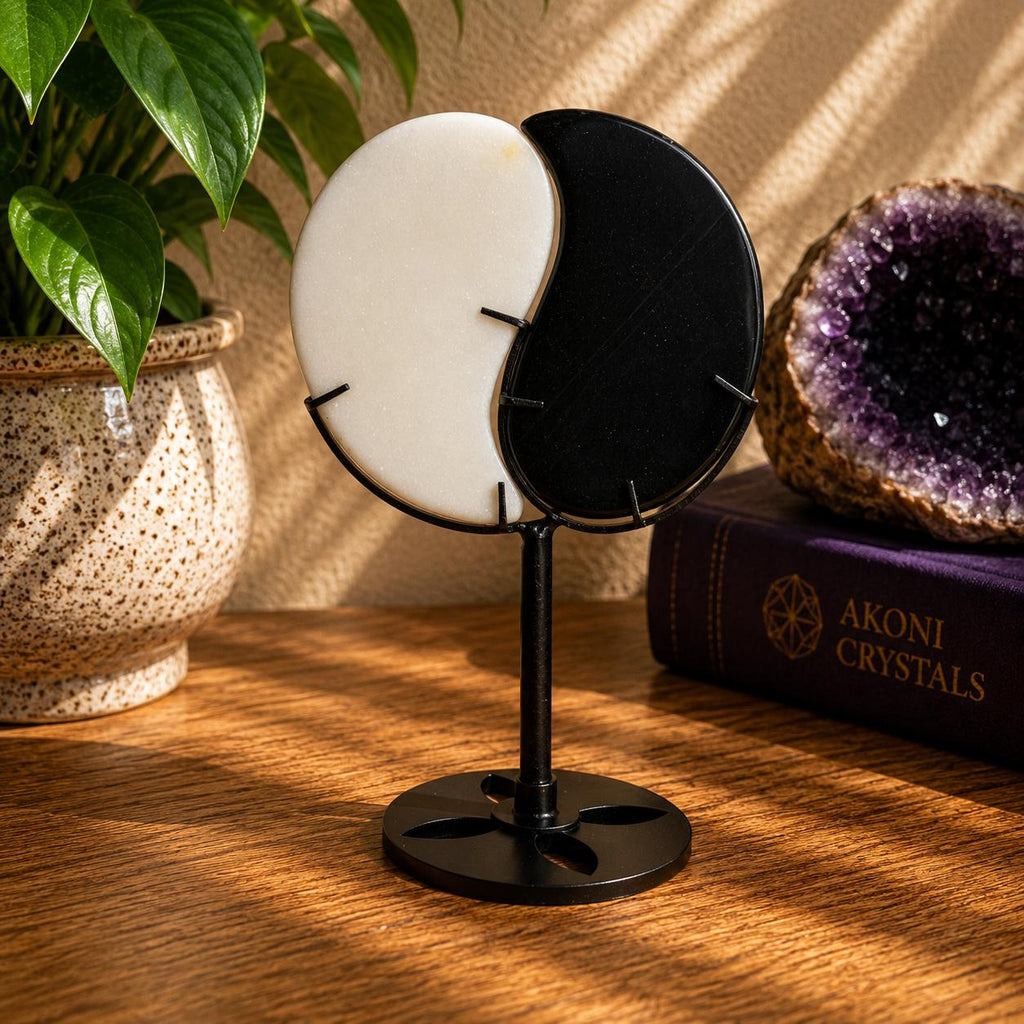 Yin Yang Black & White Stone Carving with Display Stand