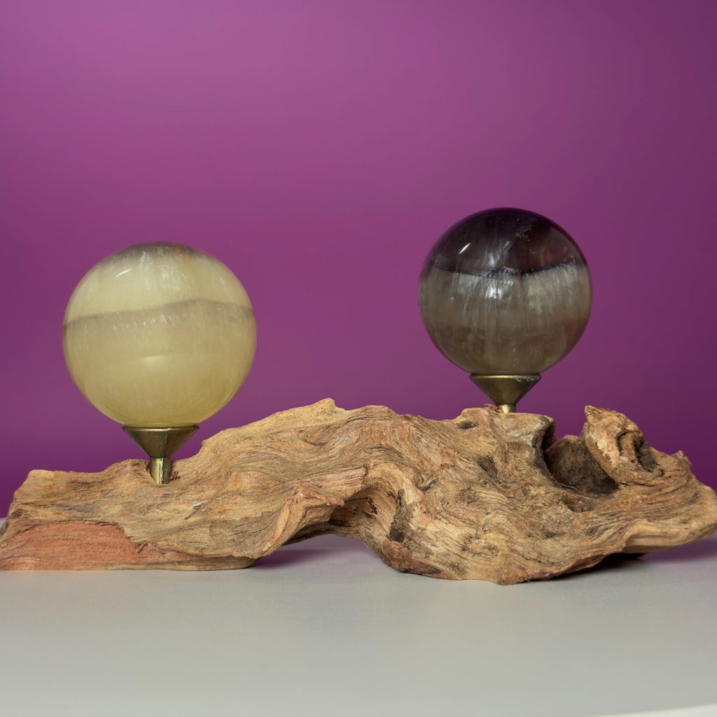 Phantom Fluorite Spheres | UV Reactive Pair | Root Stand | 423g