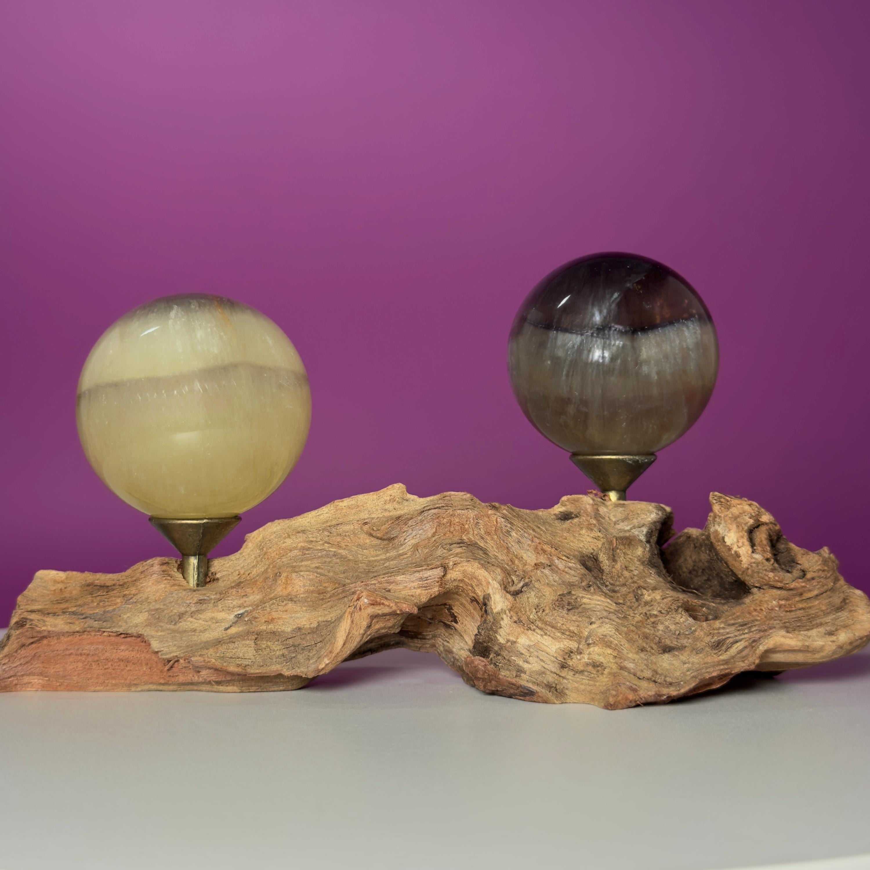 Phantom Fluorite Spheres | UV Reactive Pair | Root Stand | 423g