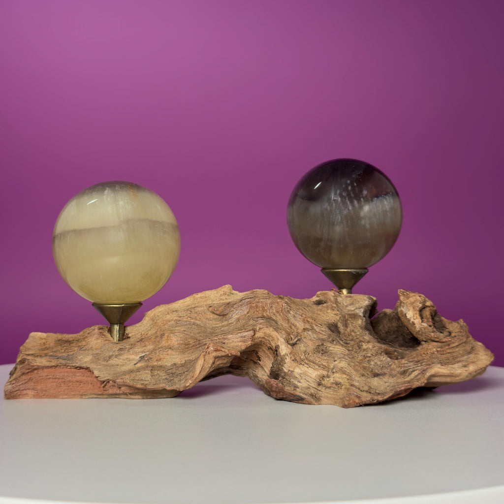 Phantom Fluorite Spheres | UV Reactive Pair | Root Stand | 423g