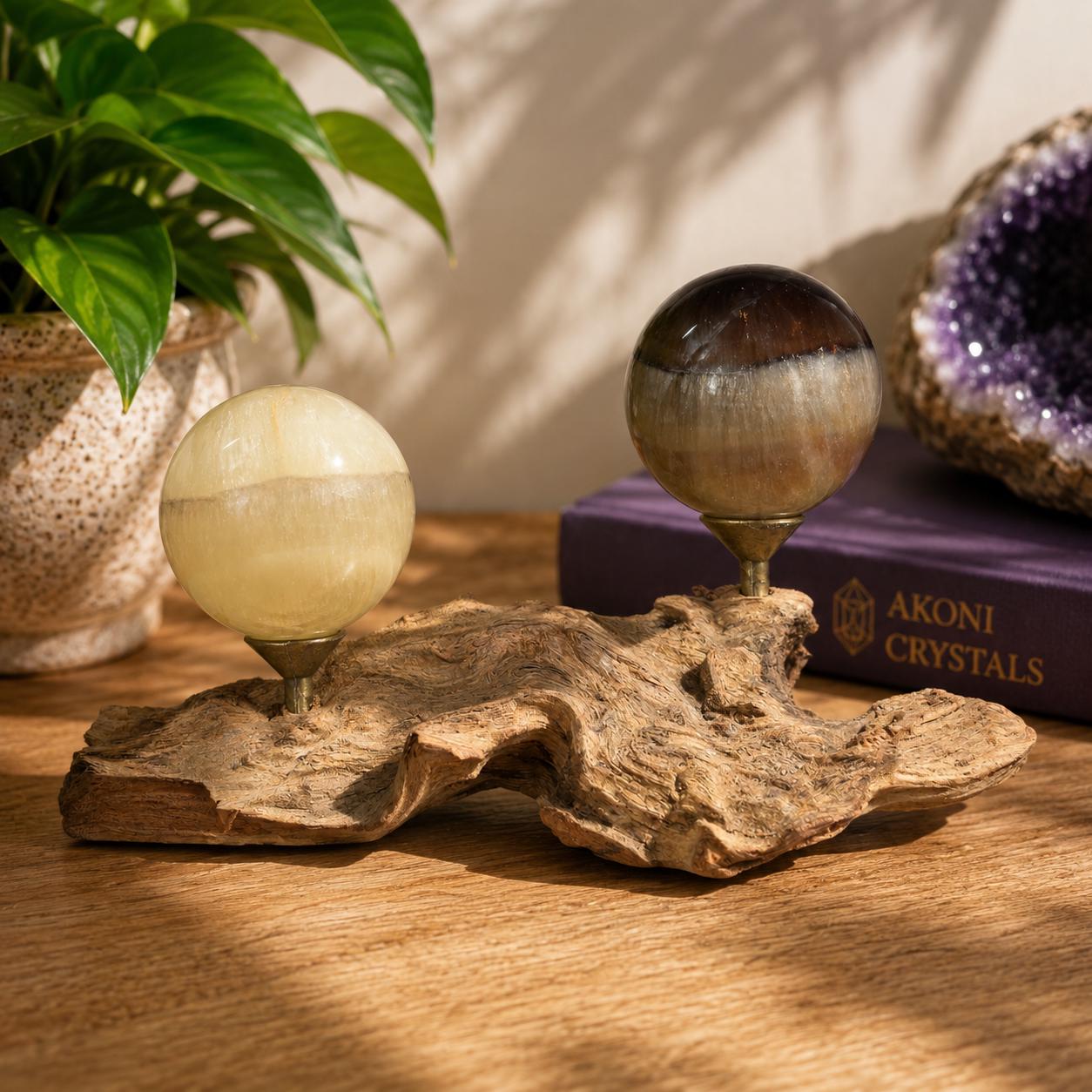 Phantom Fluorite Spheres | UV Reactive Pair | Root Stand | 423g
