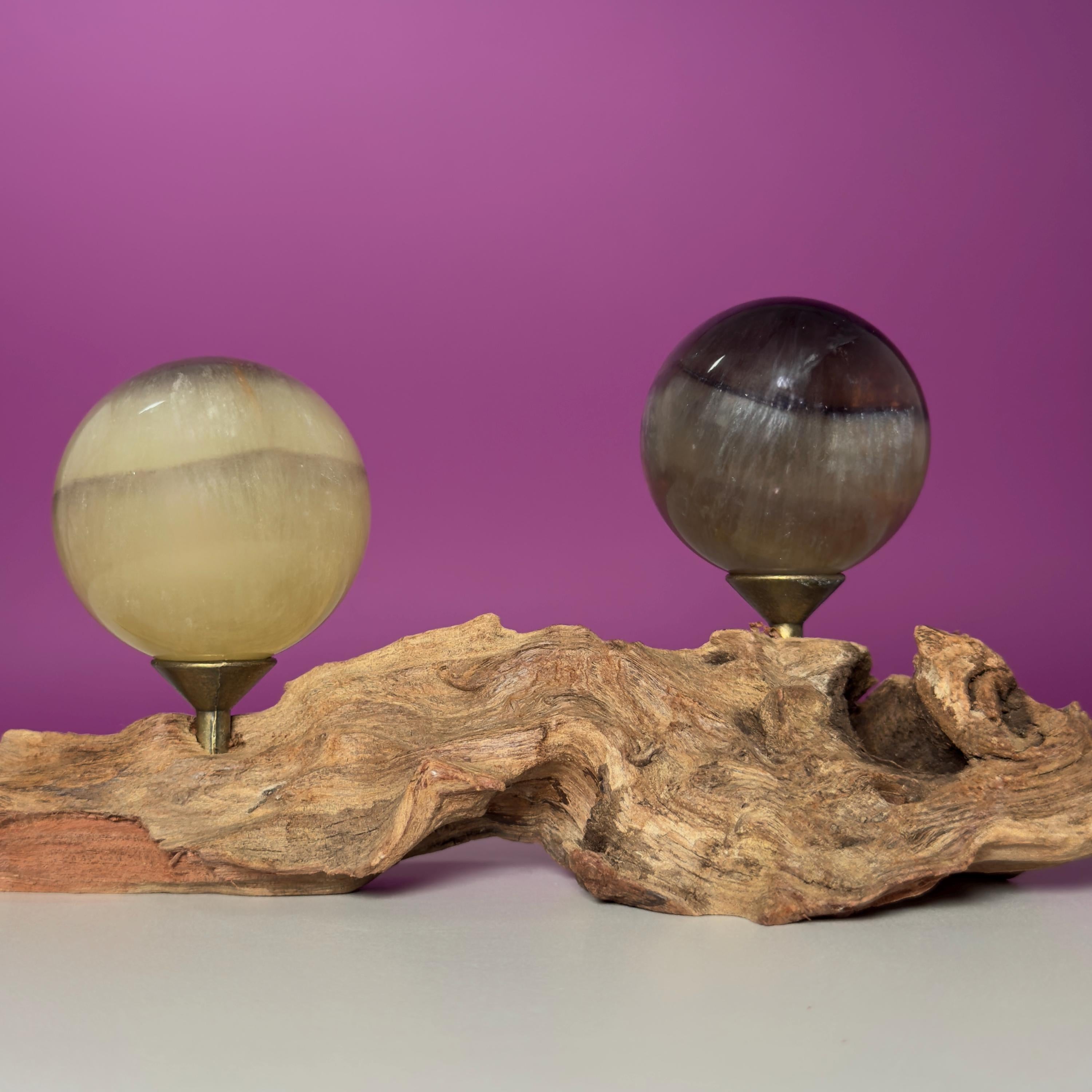 Phantom Fluorite Spheres | UV Reactive Pair | Root Stand | 423g