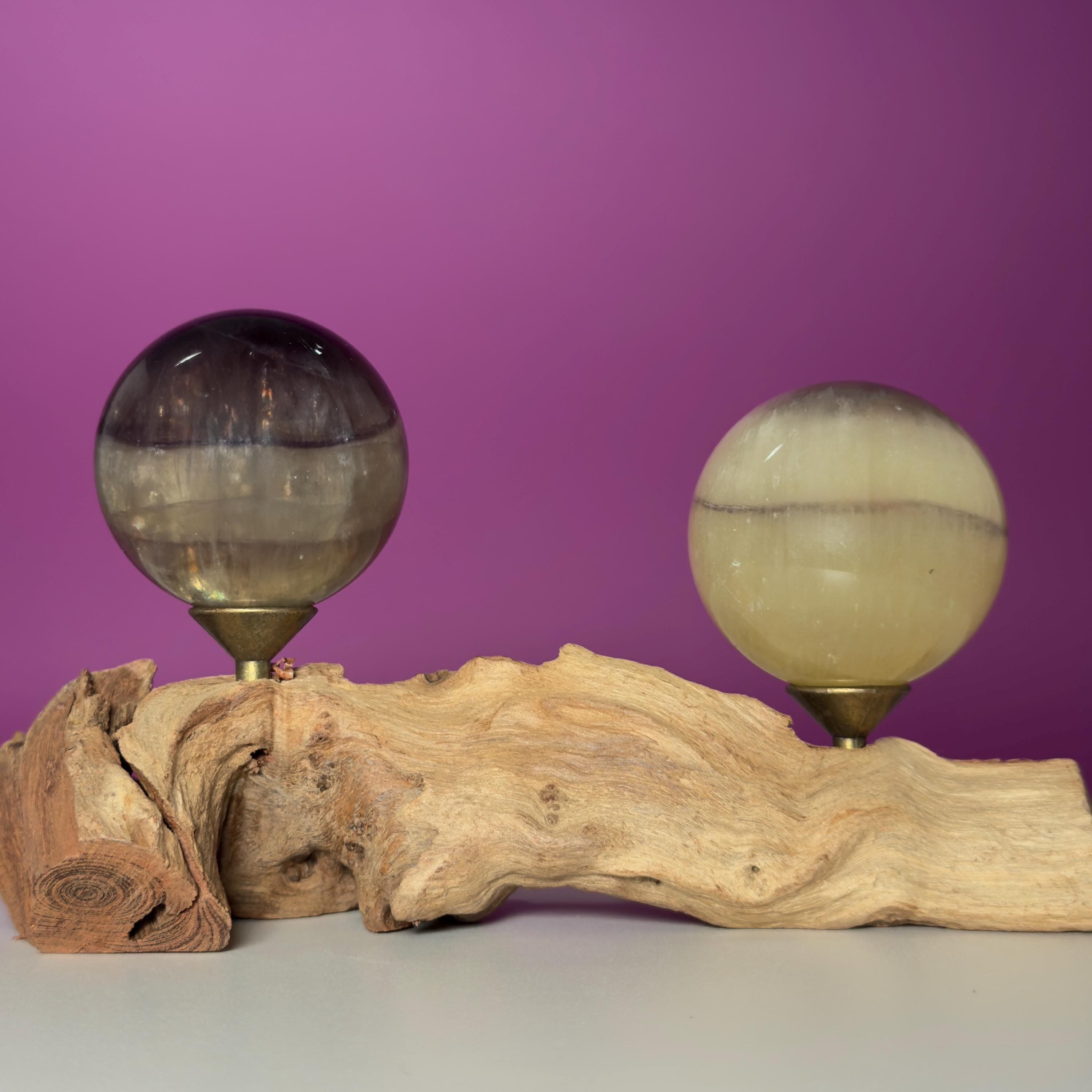 Phantom Fluorite Spheres | UV Reactive Pair | Root Stand | 423g