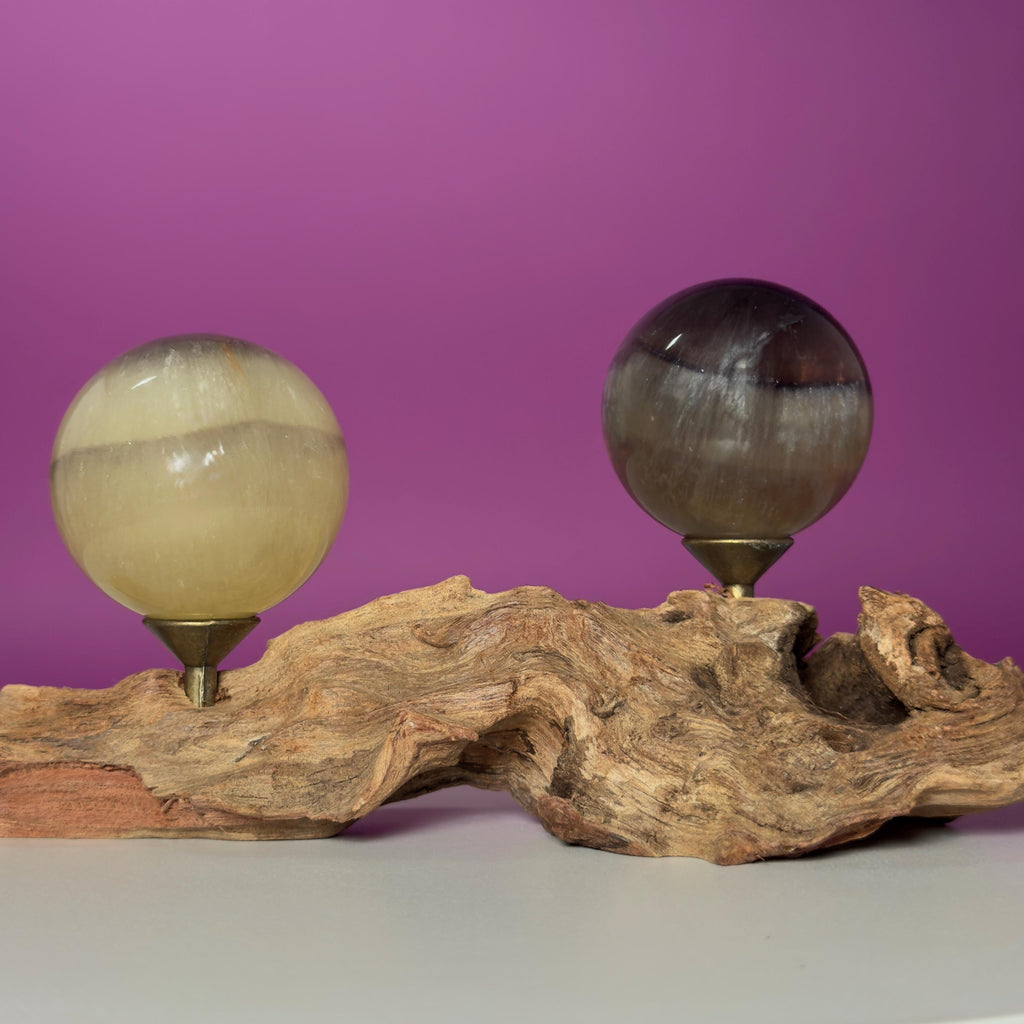 Phantom Fluorite Spheres | UV Reactive Pair | Root Stand | 423g