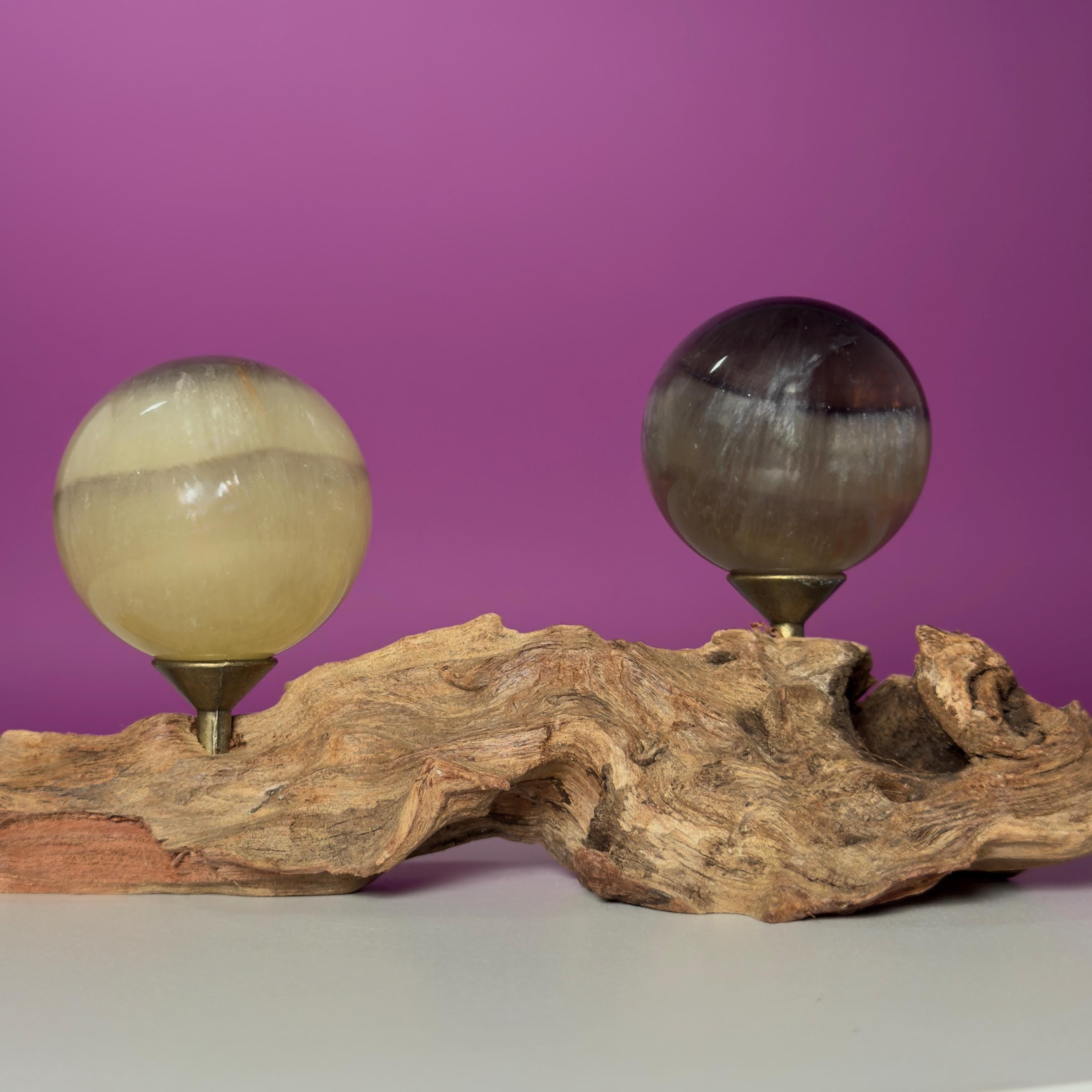 Phantom Fluorite Spheres | UV Reactive Pair | Root Stand | 423g