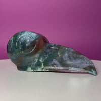 Moss Agate Raven Skull Carving – 358g