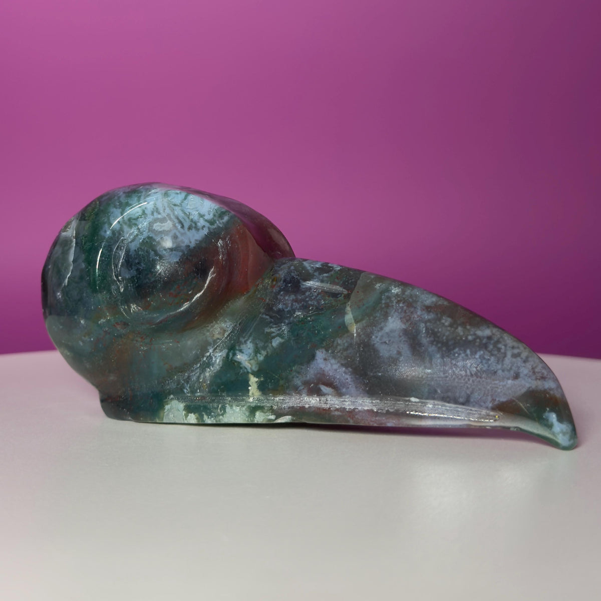 Moss Agate Raven Skull Carving – 358g