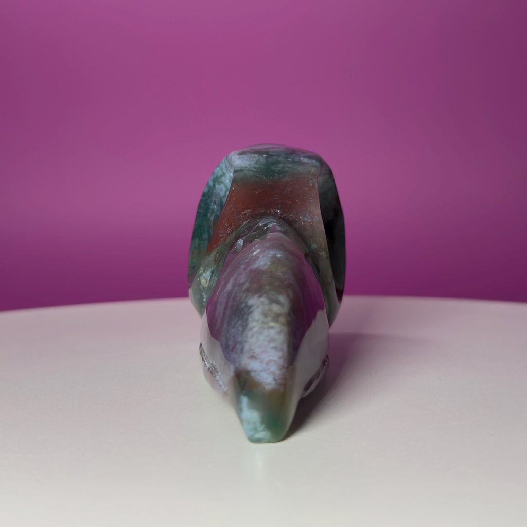 Moss Agate Raven Skull Carving – 358g