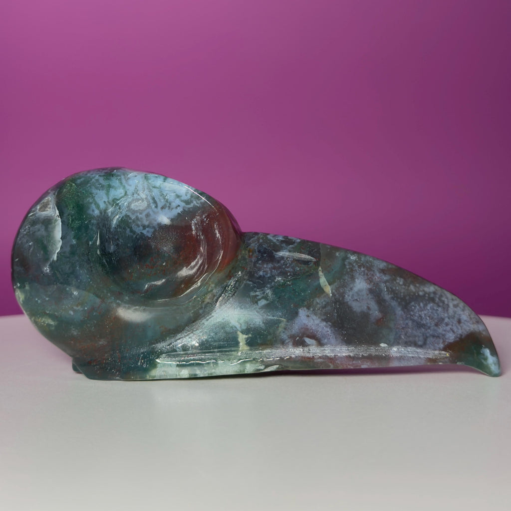 Moss Agate Raven Skull Carving – 358g