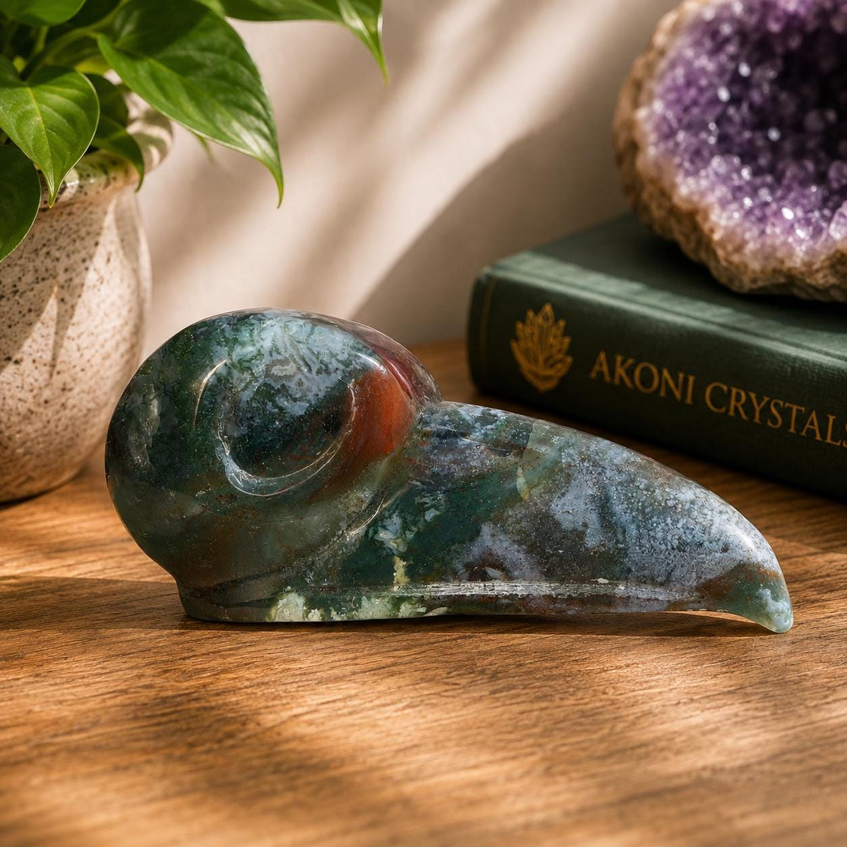 Moss Agate Raven Skull Carving – 358g