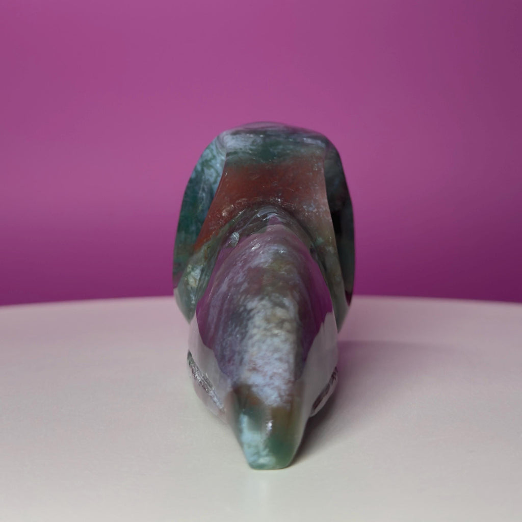Moss Agate Raven Skull Carving – 358g
