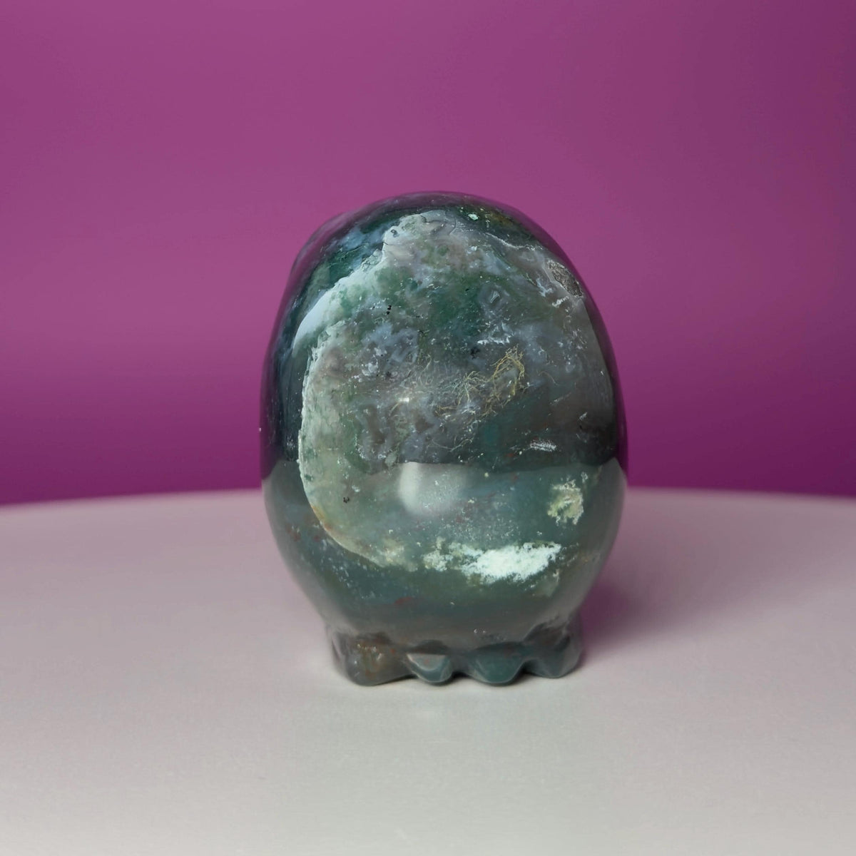 Moss Agate Raven Skull Carving – 358g