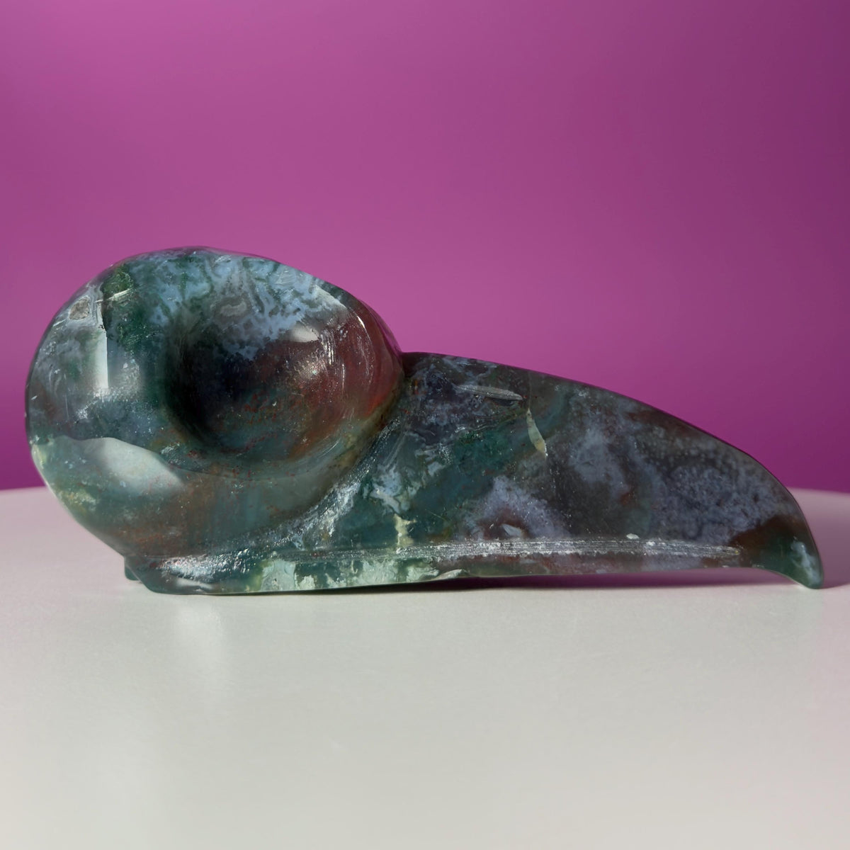 Moss Agate Raven Skull Carving – 358g