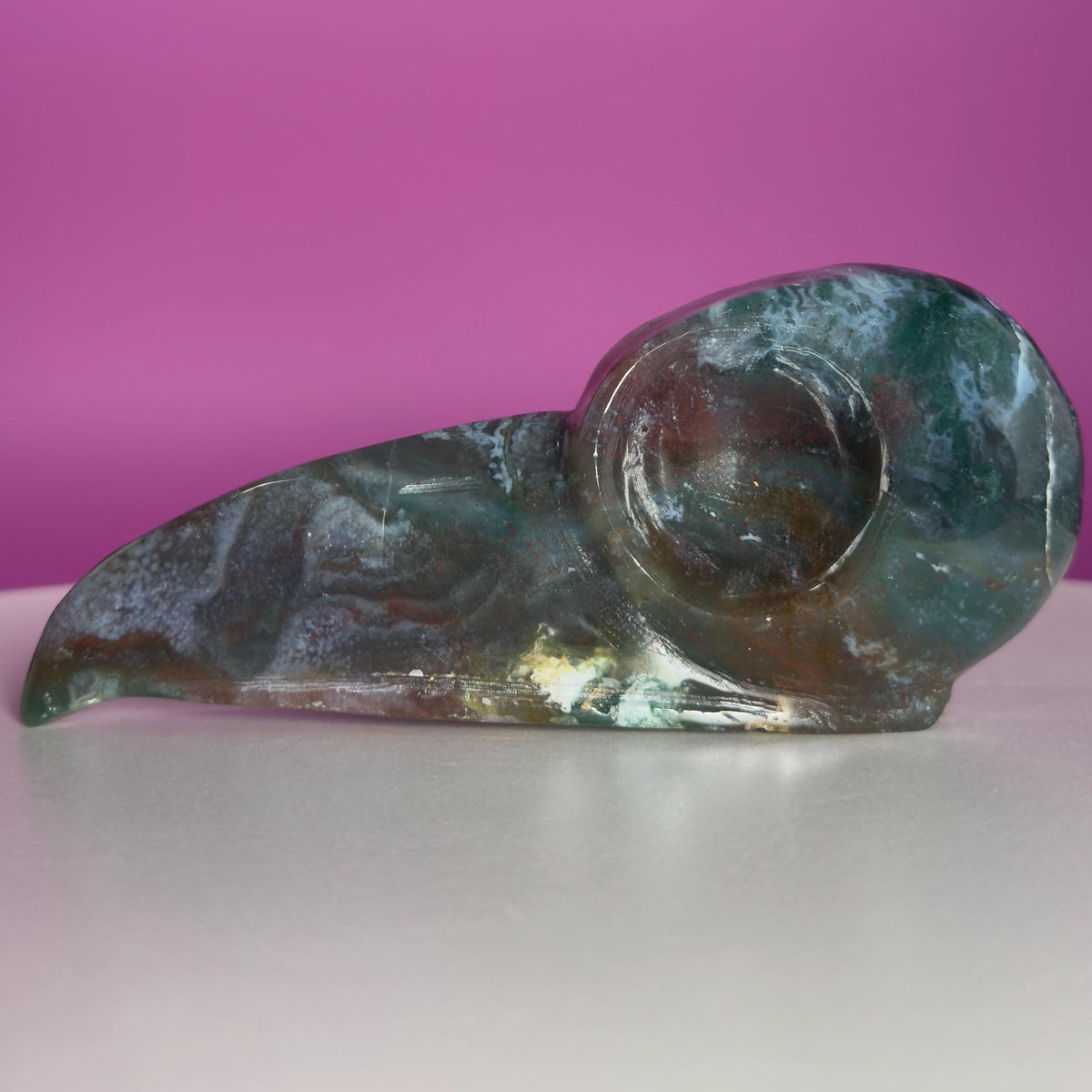 Moss Agate Raven Skull Carving – 358g