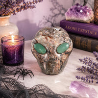 Amethyst Agate Alien Skull with Green Aventurine Eyes Crystal Carving