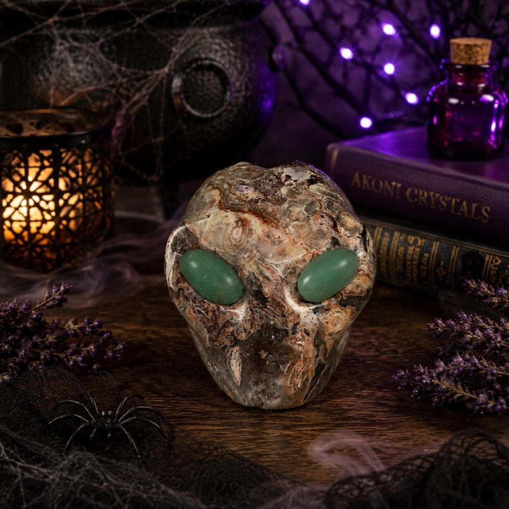 Amethyst Agate Alien Skull with Green Aventurine Eyes Crystal Carving