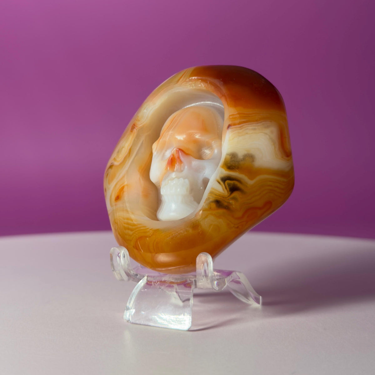 Sardonyx Skull Carving | Crystal Palm Stone | Banded Agate | 83g