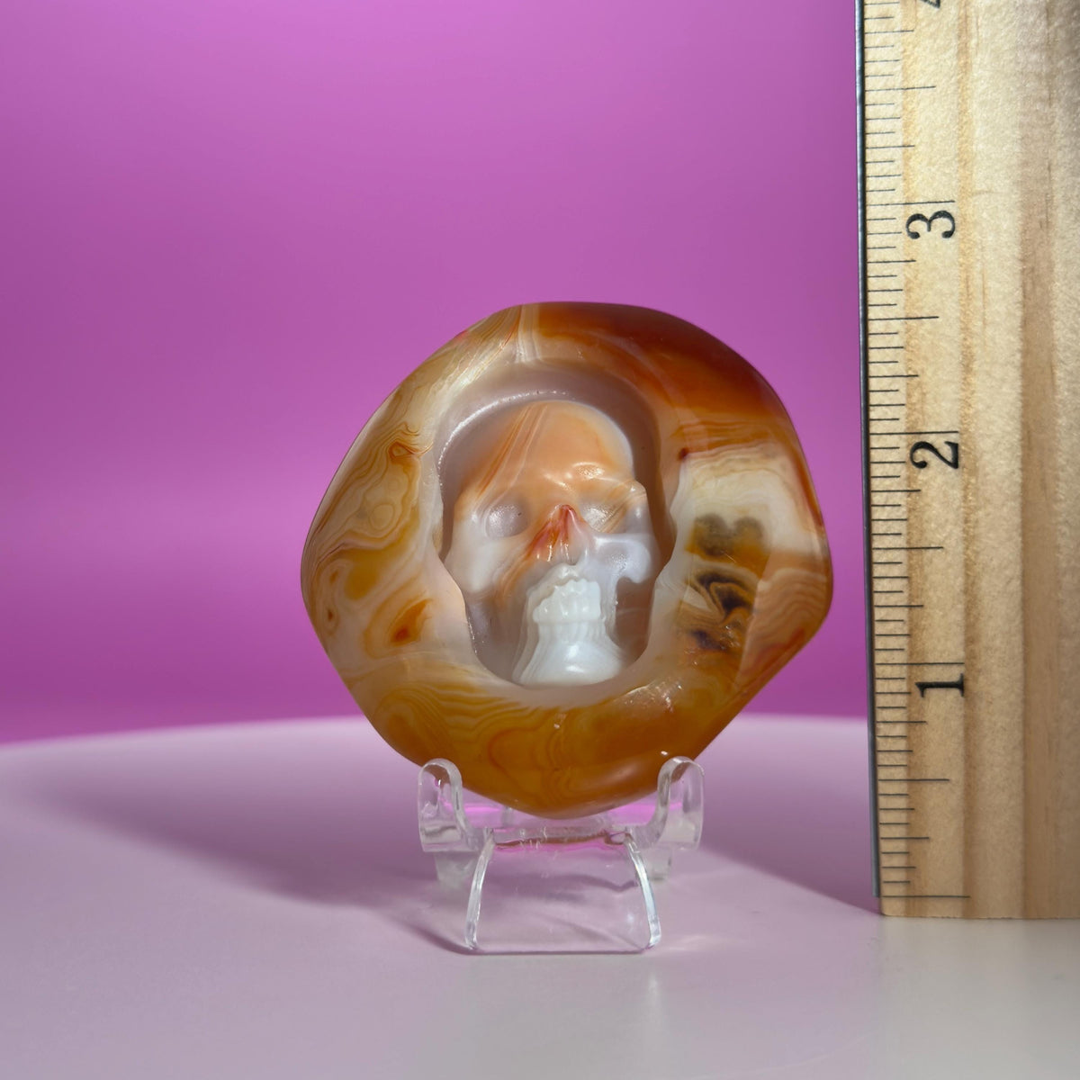 Sardonyx Skull Carving | Crystal Palm Stone | Banded Agate | 83g
