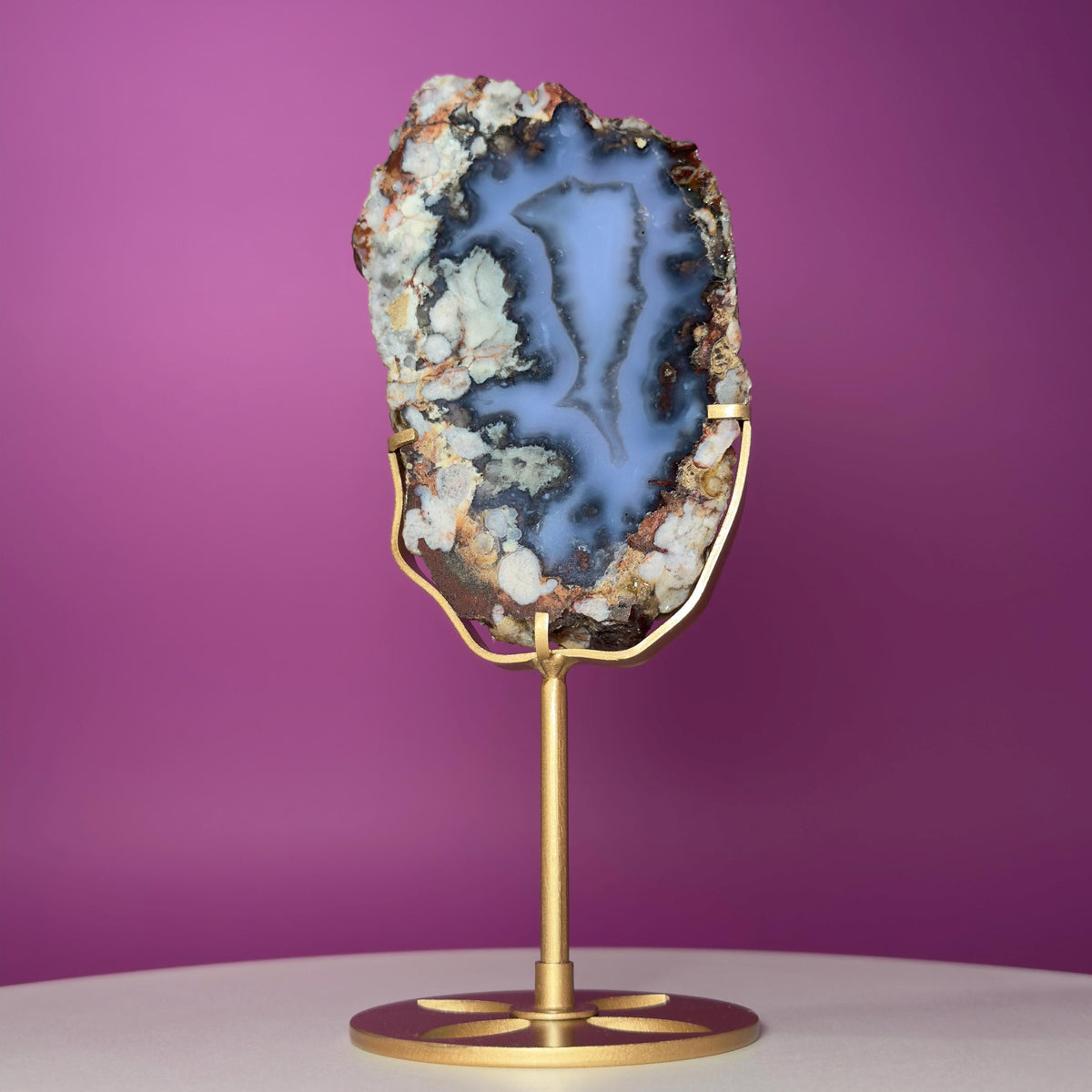 Blue Flower Agate Slab with Gold Metal Stand
