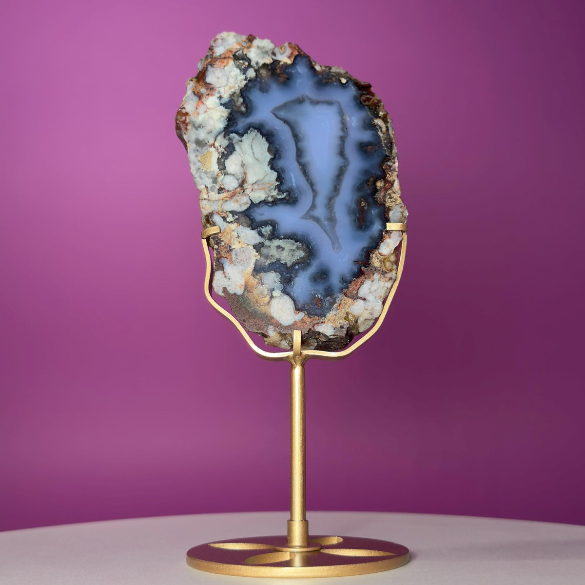 Blue Flower Agate Slab with Gold Metal Stand