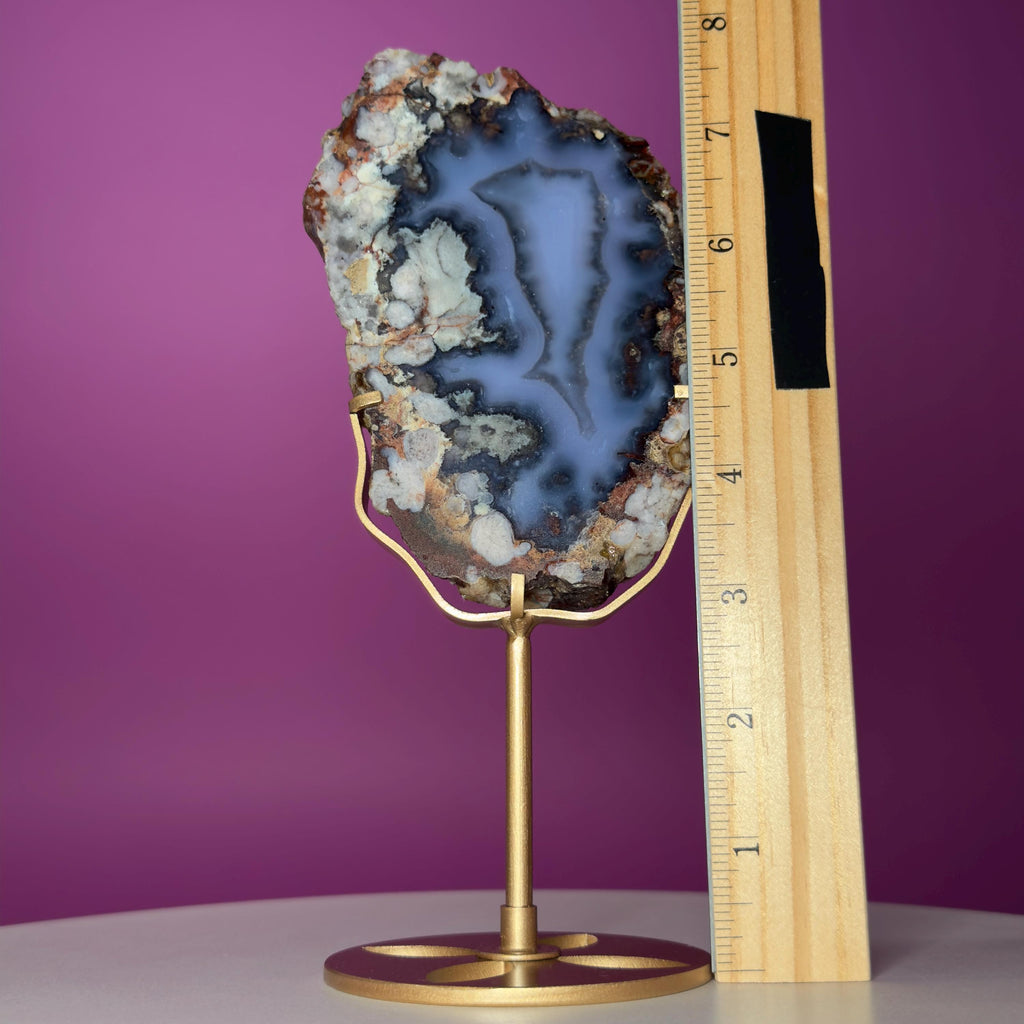 Blue Flower Agate Slab with Gold Metal Stand