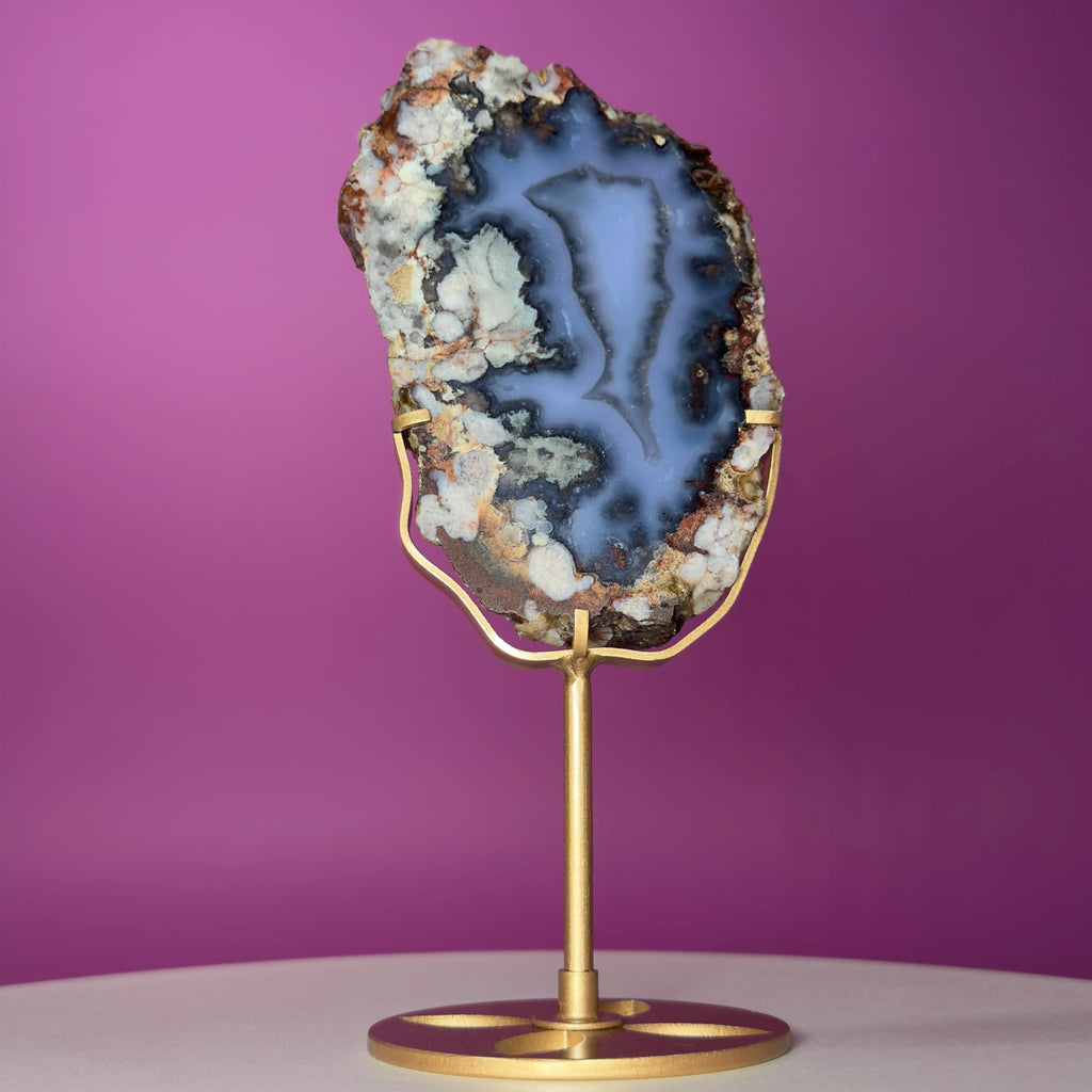 Blue Flower Agate Slab with Gold Metal Stand