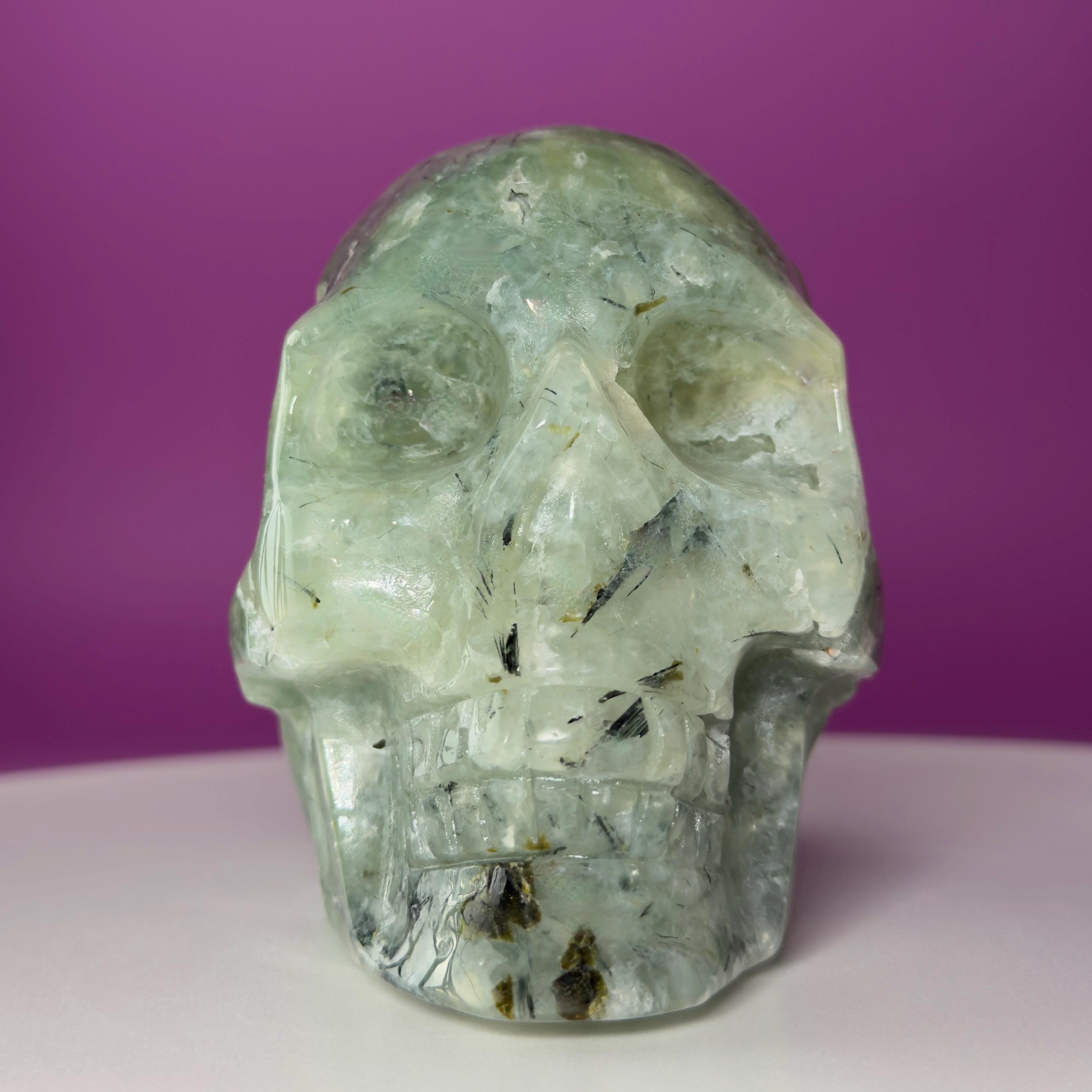 Prehnite Skull with Natural Matrix & Inclusions | Large Crystal Skull