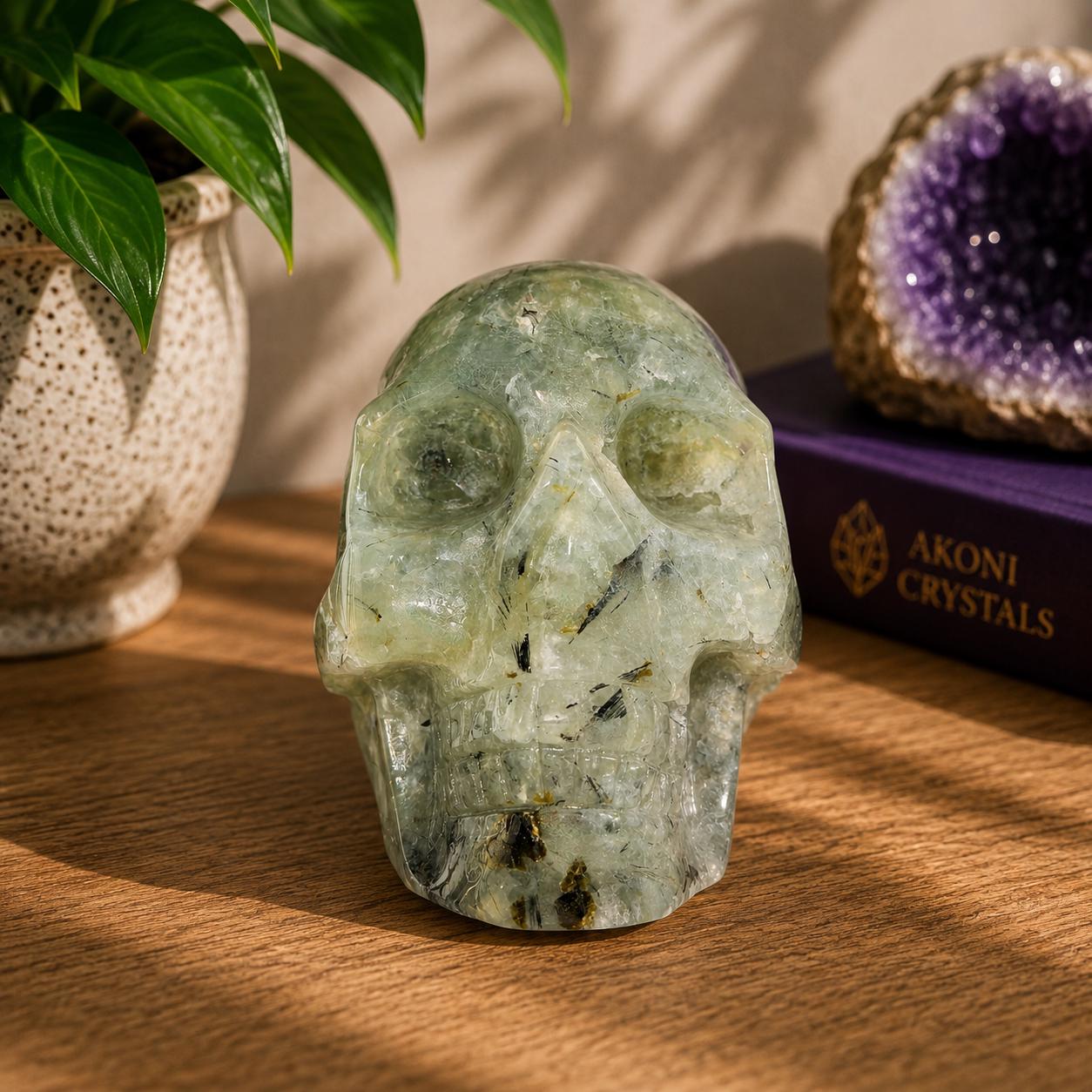 Prehnite Skull with Natural Matrix & Inclusions | Large Crystal Skull